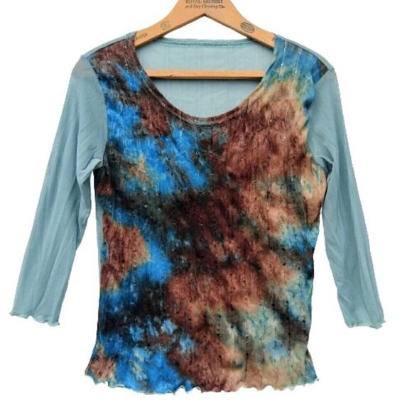 Vintage Y2K Tie Dye Mesh Top Size S Stretch Semi Sheer Blue Brown Whimsygoth - Picture 1 of 7